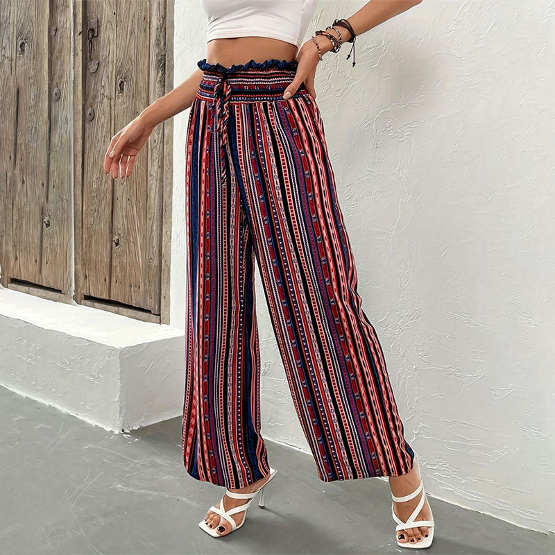 Kritstrecksrandiga Byxor Dam med Resår i Midjan – Snygga Avslappnade Byxor i 100% Bomull, Perfekta för Varma Dagar 3