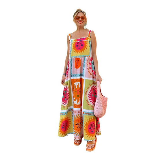 Damklänning Midi Spaghetti Band Bomull Polyester-1