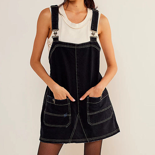 Damklänning Justerbar Denim A-Linje Mini Klänning-1