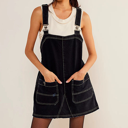 Damklänning Justerbar Denim A-Linje Mini Klänning-1