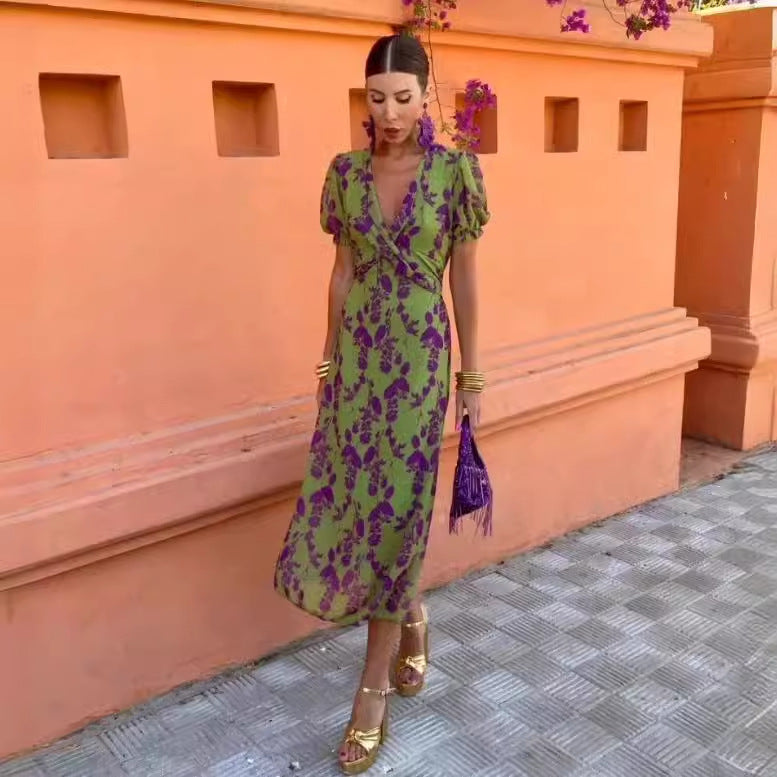 Kvinnors Omslagsklänning Blommönster V-ringad Puffärmar Andningsbart Tyg-3