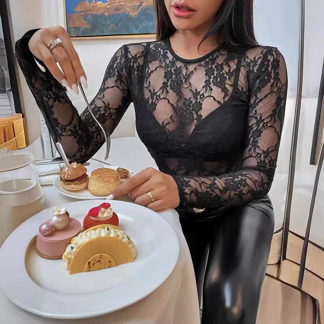 Dam Tröja Slim Fit Spetsdetaljer Polyester-3