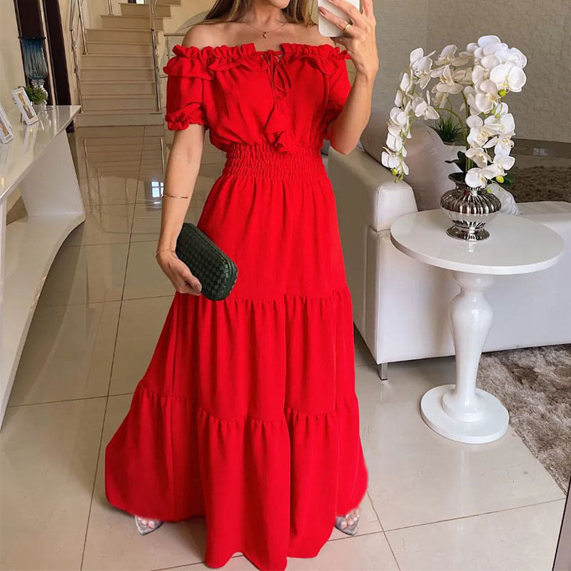 Damklänning Off-Shoulder Rynkad Midja Lång Polyester-6