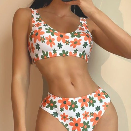 Kvinnors Bikiniuppsättning Blommönster Högklippt Elastiskt Tyg-3