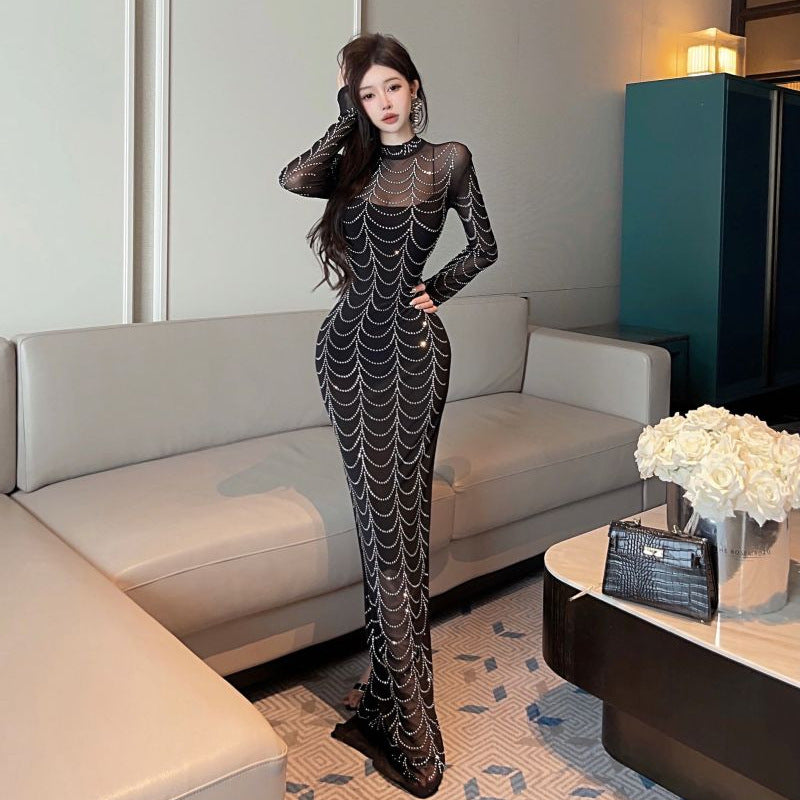 Kvinnors Bodycon Klänning med Stand-krage och Rhinestone Mesh-1