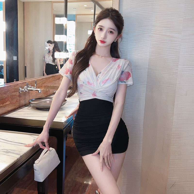 Variant image for Kvinnors Kortärmad Klänning V-Hals Färgblockering Mesh-4