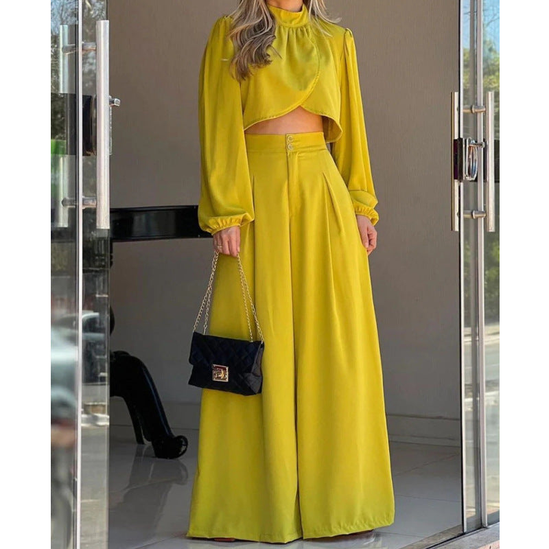 Dam Set med Oregelbunden Topp och Höga Midja Byxor i Solrosgul Polyester – Chic och Bekväm Stil 1