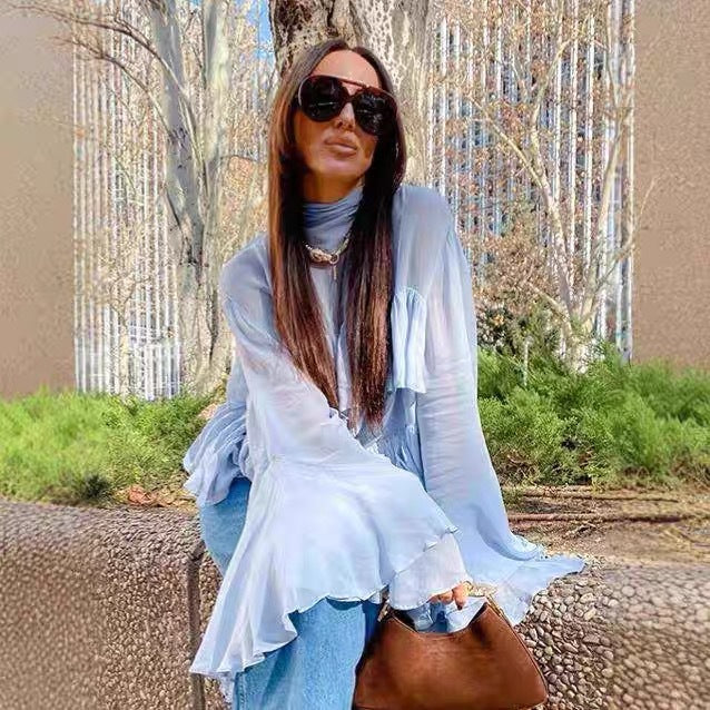 Dam Blus Ruffle Detaljer Andningsbart Material-5