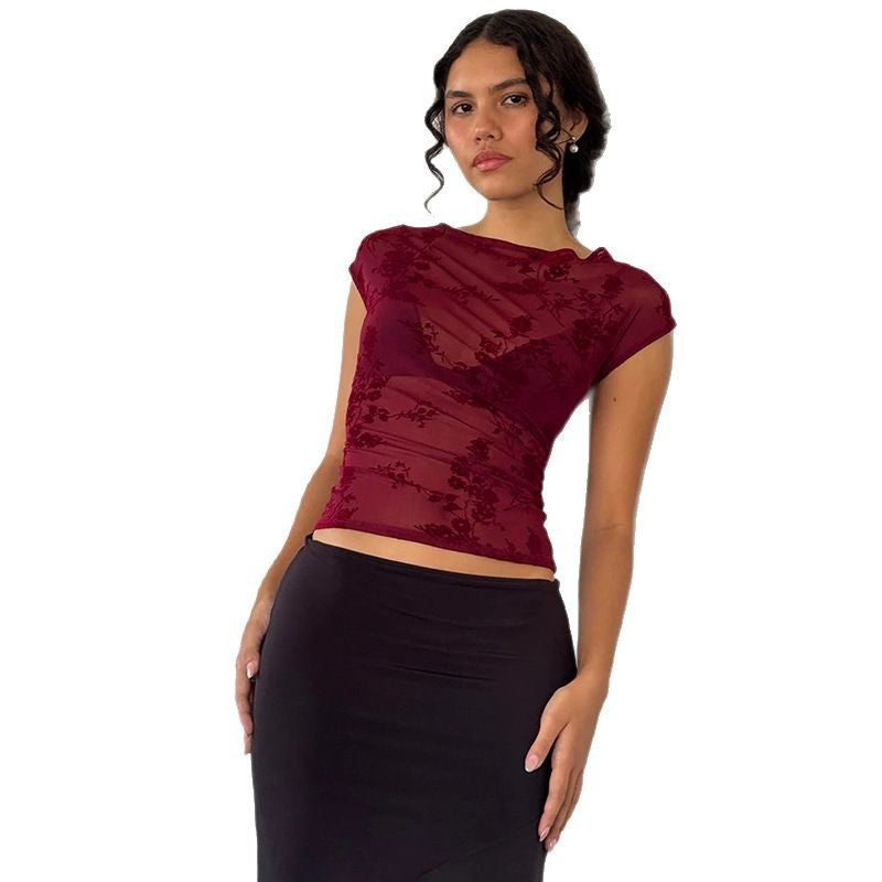 Kvinnors Blommönstrad Topp Transparent Andningsbart Tyg 6