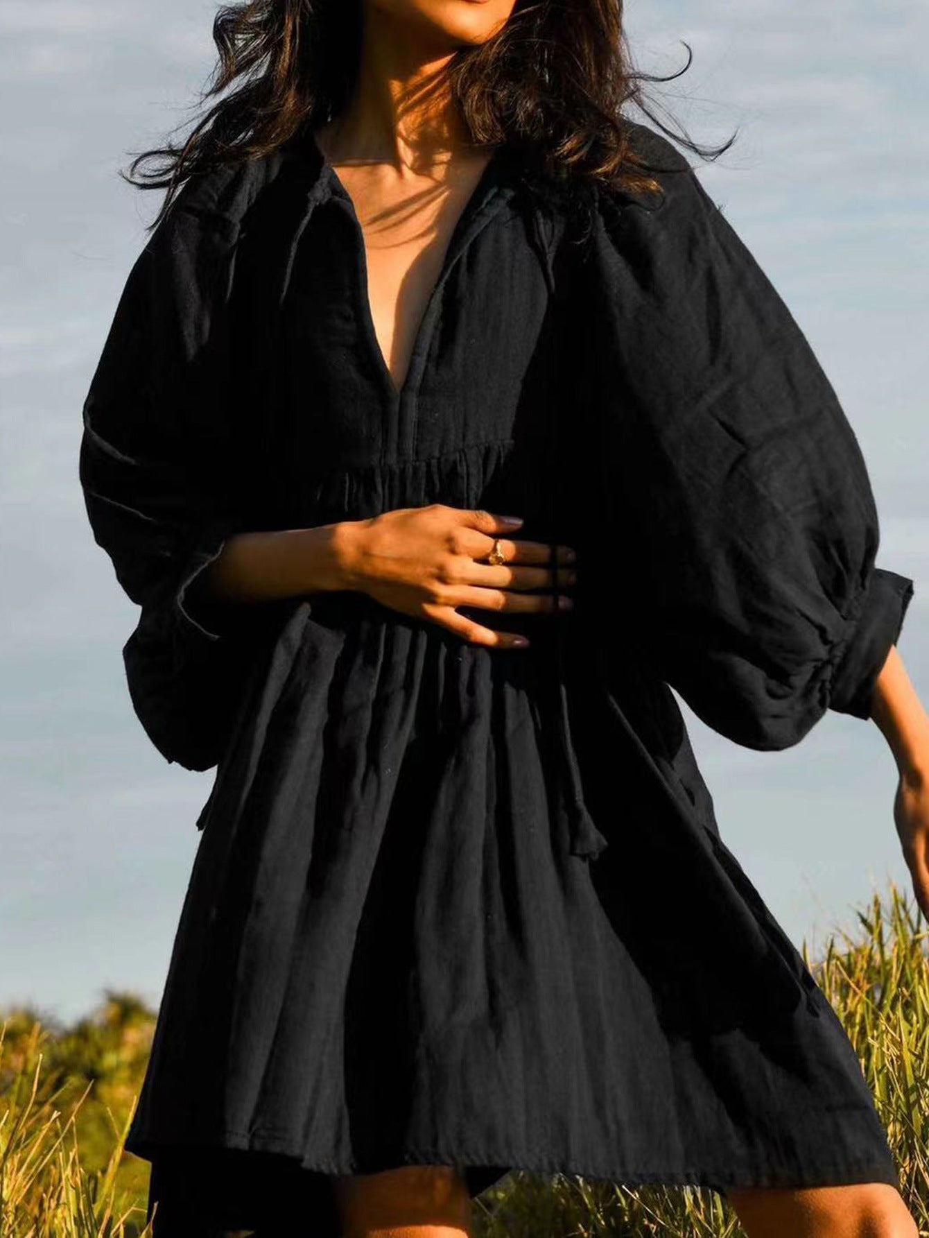 Sommarklänning Dam V-hals Puffärmar Bomull 1