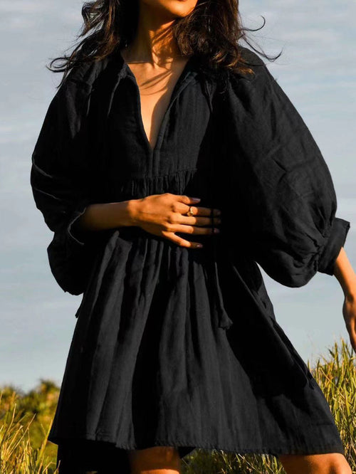 Sommarklänning Dam V-hals Puffärmar Bomull-1