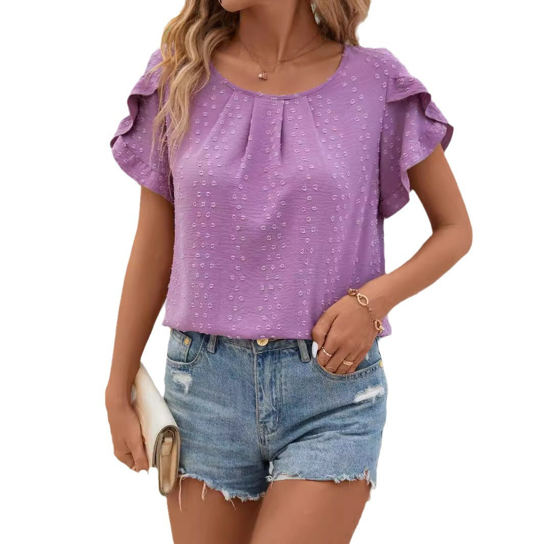 Dam Ruffle Skjorta Jacquard Korta Ärmar Polyester 6