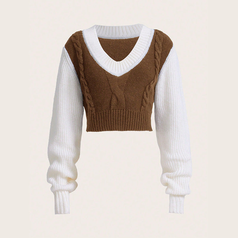 Kvinnors Stickad Tröja V-ringning Ullmix Kort Design Flätmönster 1