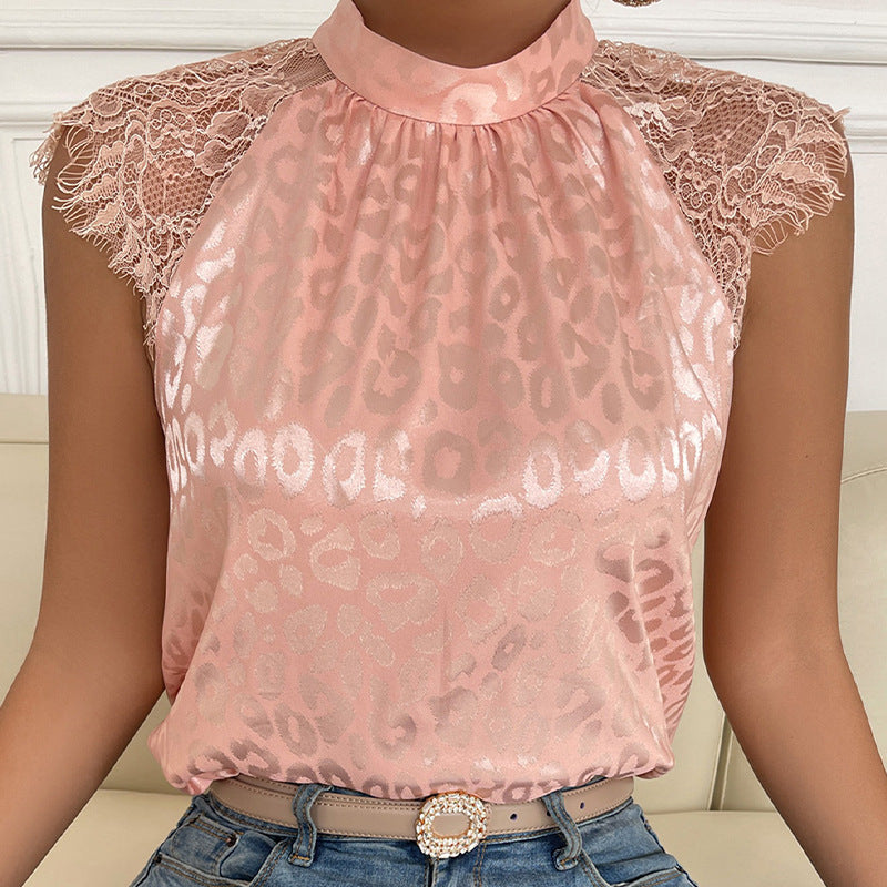 Blus Dam Leopardmönstrad med Halvhög Krage och Spetsärmar Polyester-5