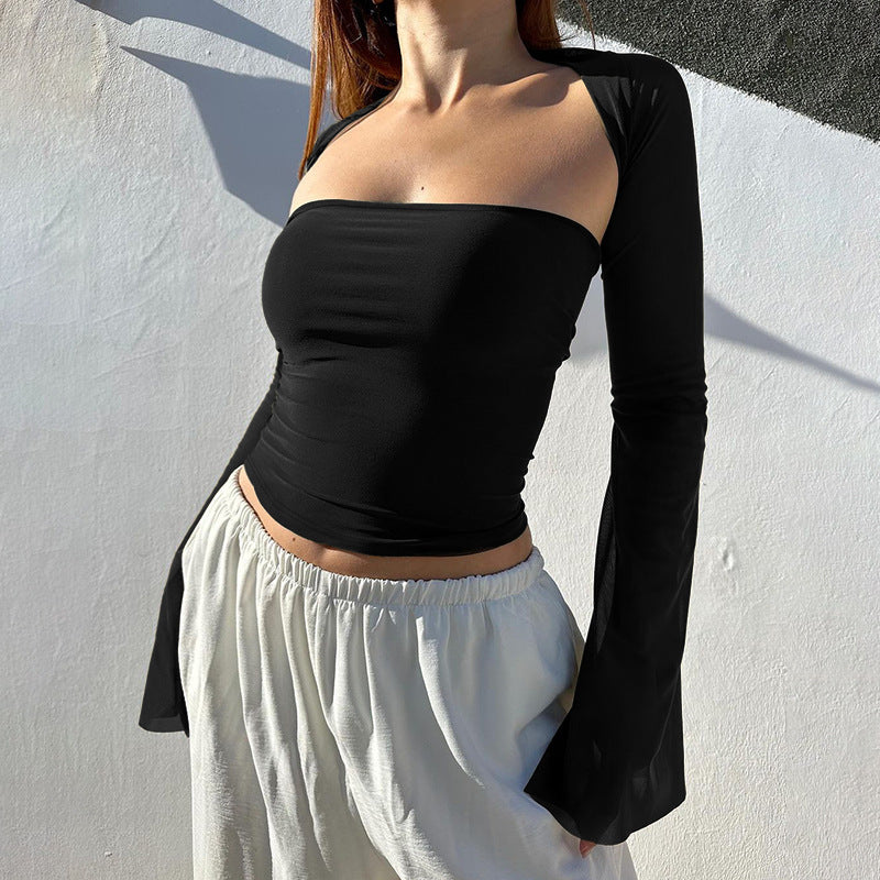 Lång Topp för Kvinnor med Transparenta Ärmar – Figurnära Snitt i Elastisk Materialblandning 8