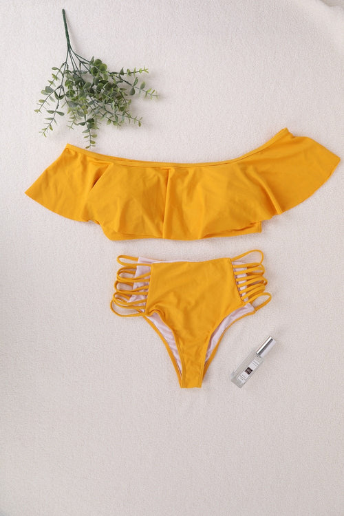 Bikiniuppsättning för Damer med Ruffles och Slitsdetaljer i Syntetisk Fiber – Perfekt för Strand och Pool 1