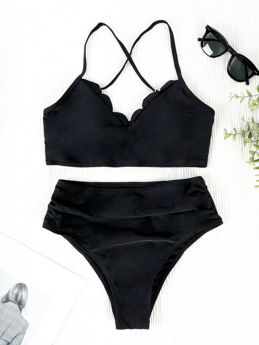 Dam Bikini Högskuren med Dubbla Remmar i Stretchigt Material 1