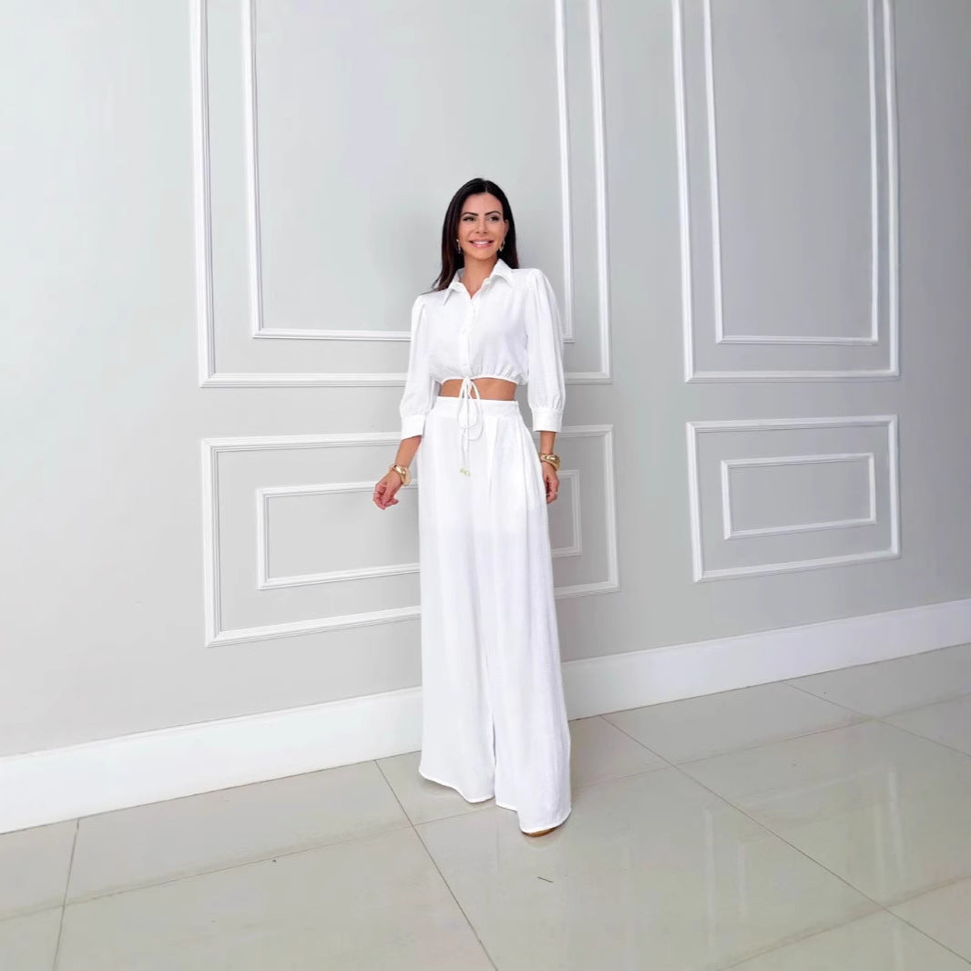 Variant image for Tvådelat Set Dam Hög Midja Topp och Bred Byxa Polyester-5