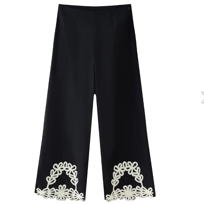 Kvinnor Palazzo-byxor Blommiga Detaljer Luftigt Tyg-5