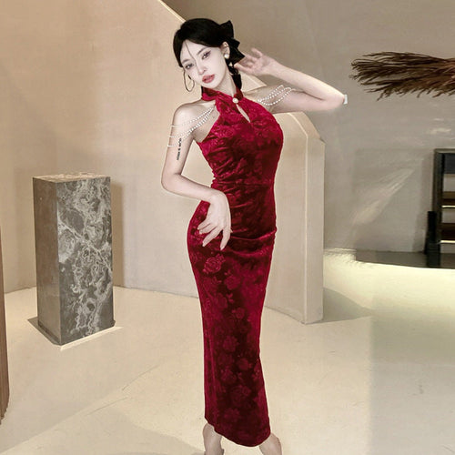 Dam Off-Shoulder Bodycon Klänning Cheongsam Stil Polyester-1