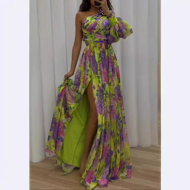 Dam Maxiklänning Asymmetrisk Blommönster Polyester 2