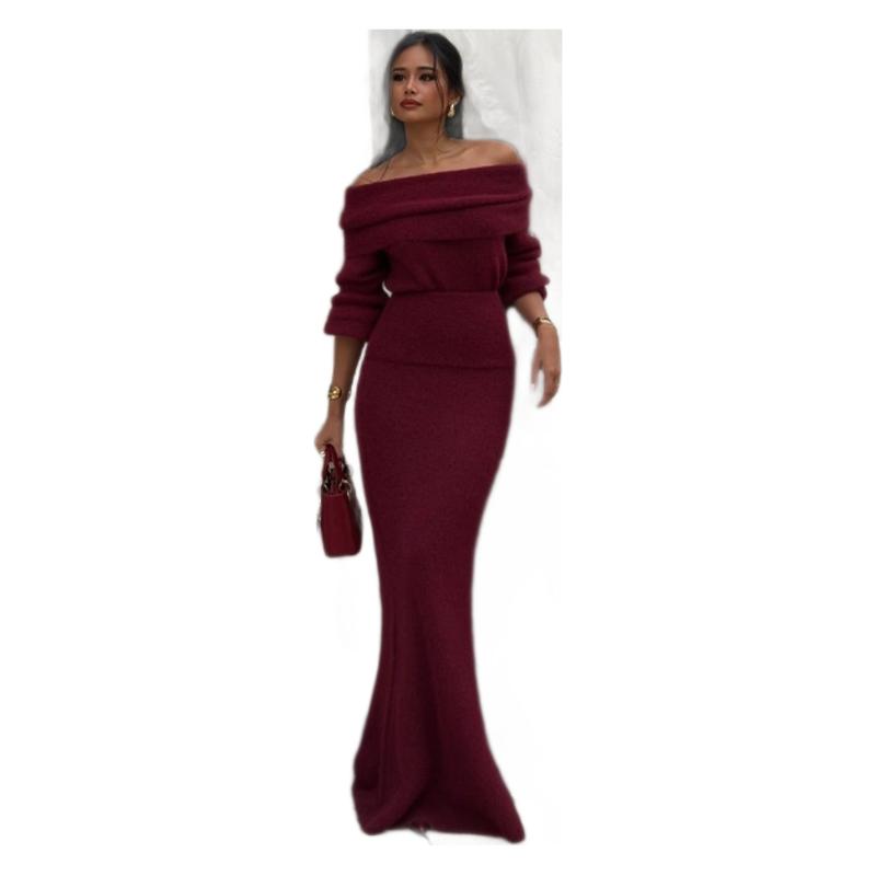 Dam Stickad Klänning Lång Ärmar Enfärgad Mjuk Akryl-6