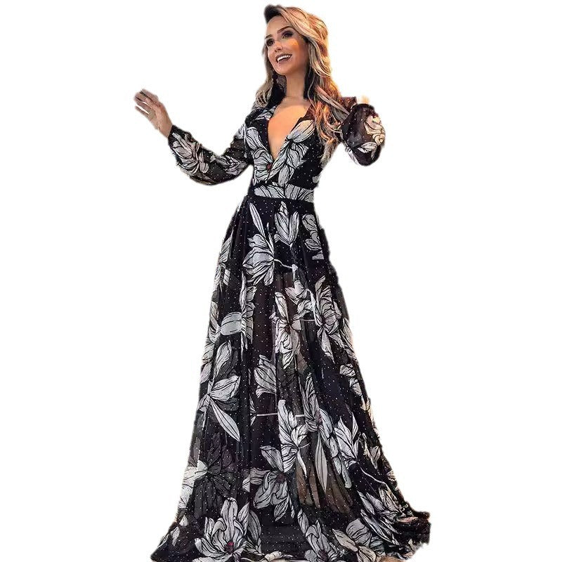 Damklänning A-Line Långärmad Polyester Elegant Fint Mönster-6