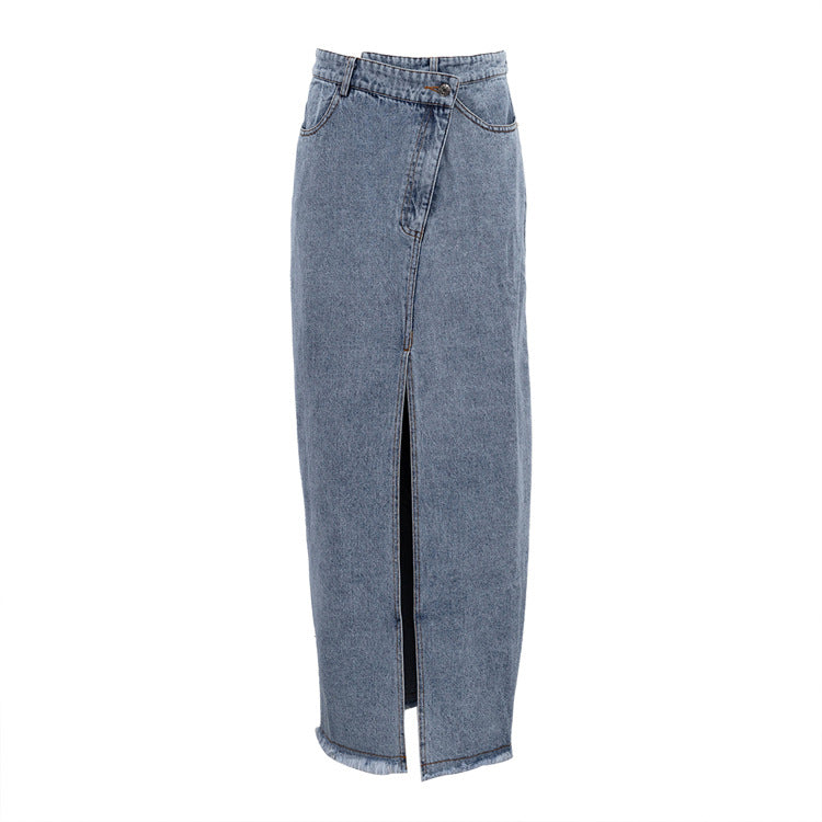 Dam Midi Kjol Jeans med Frontslits Denim-4