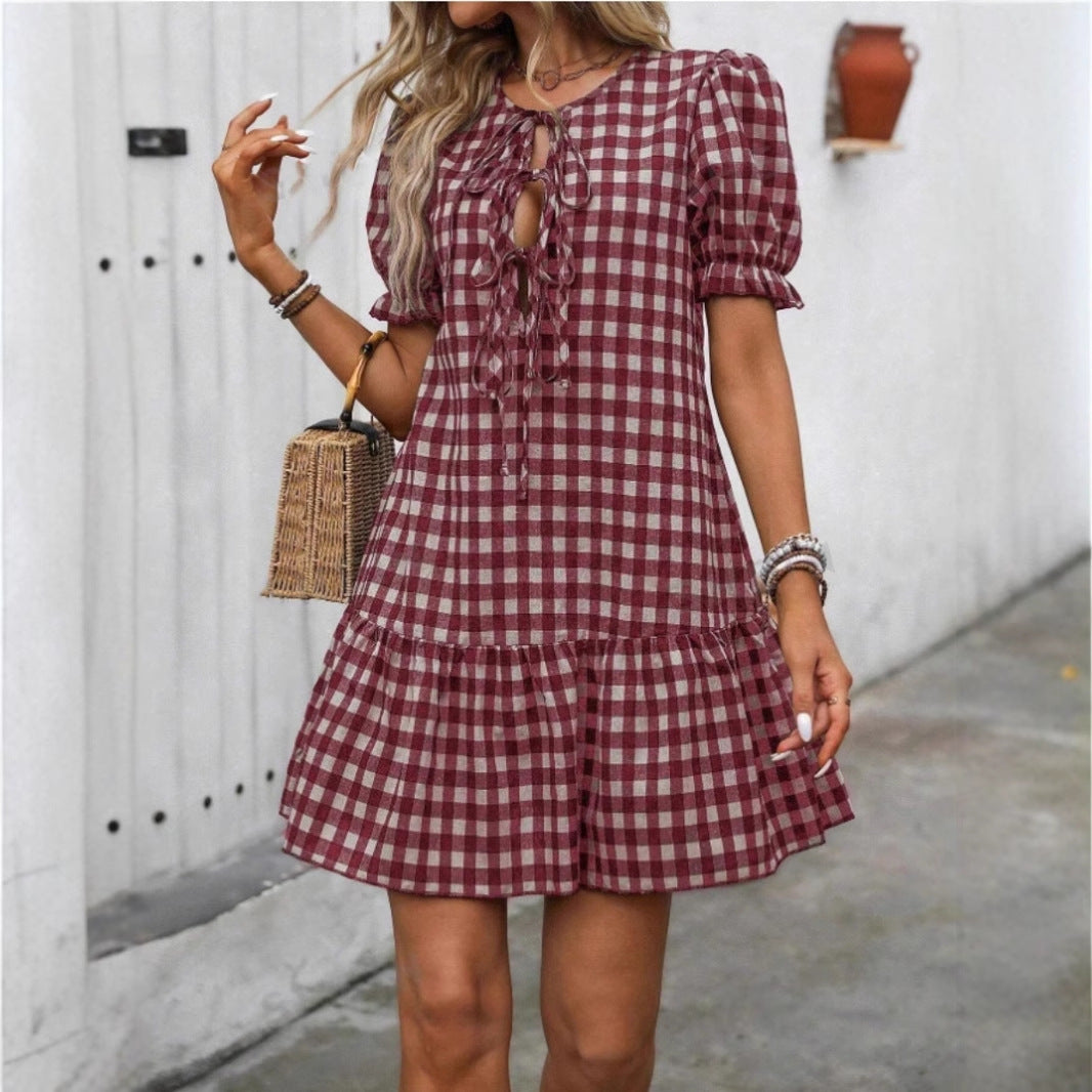 Dam A-Linje Klänning med Snörning i Bomull och Polyester-2