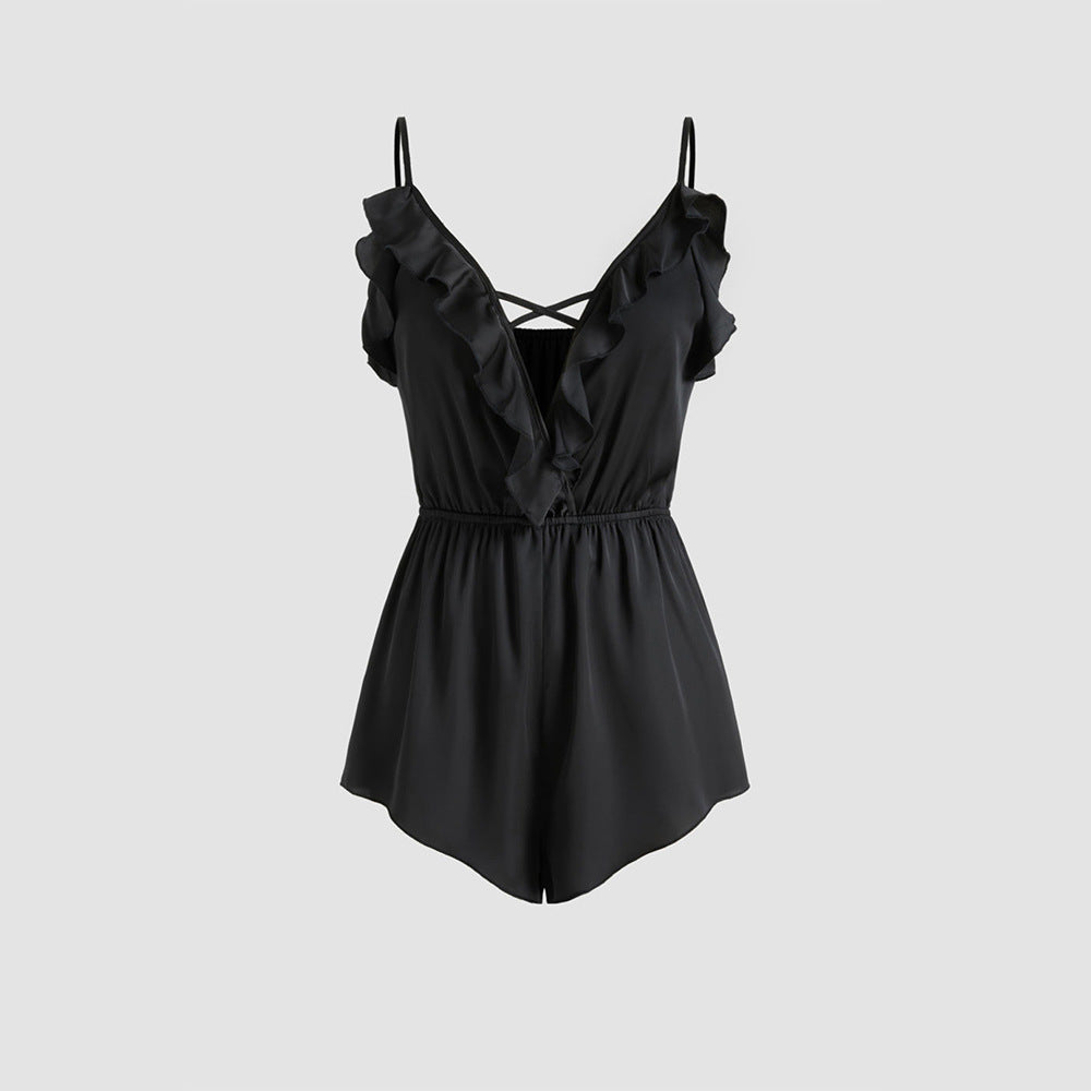 Dam Bodysuit Djup V-ringning Ärmlös Polyester Ruffle Hem-3