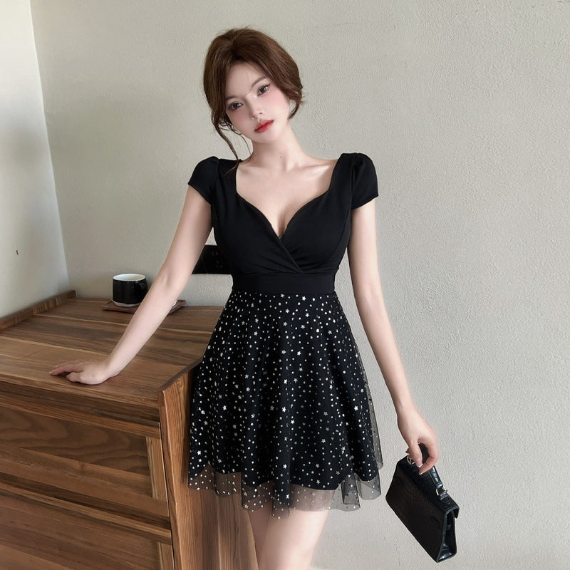 Kvinnors Midiklänning V-ringning Kort Ärmar Polyester-4