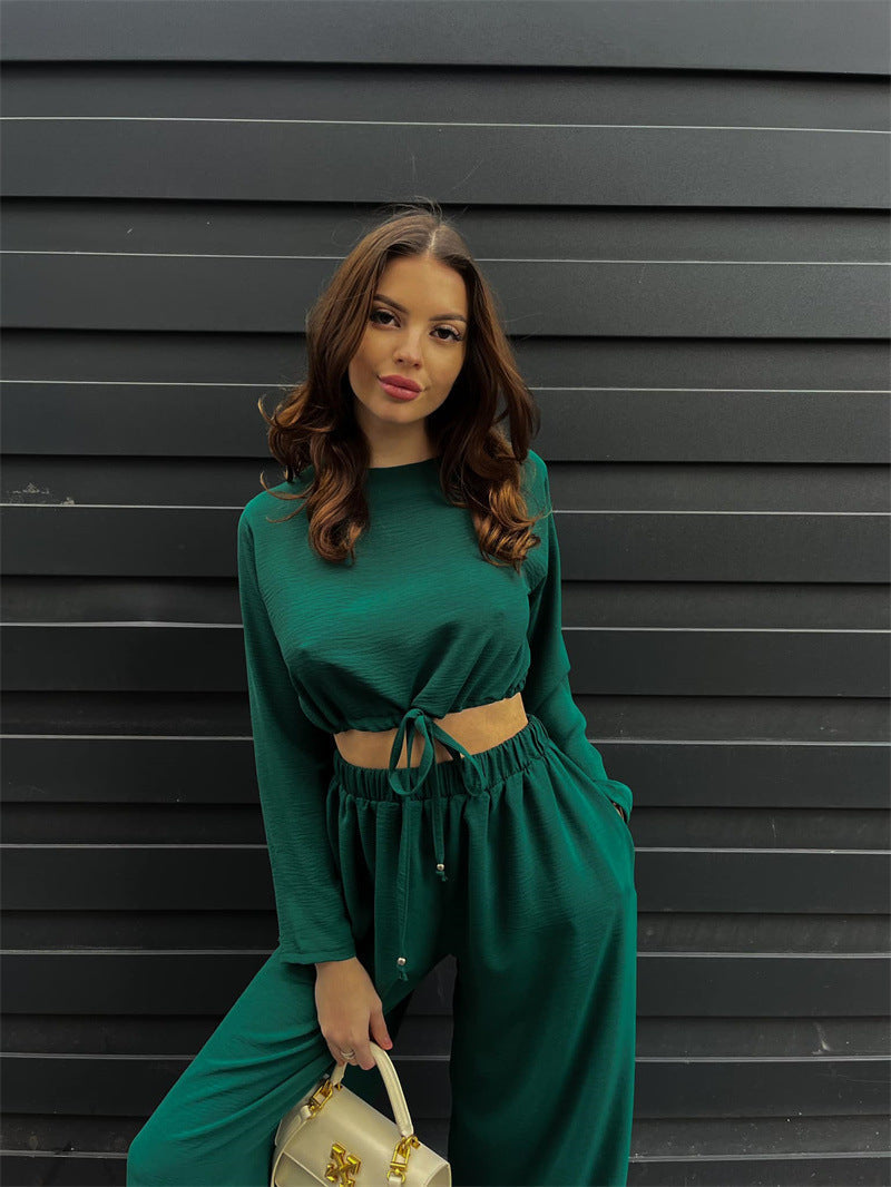 Tvådelat Set Dam Kortärmad Topp och Breda Benbyxor Polyester Casual-5