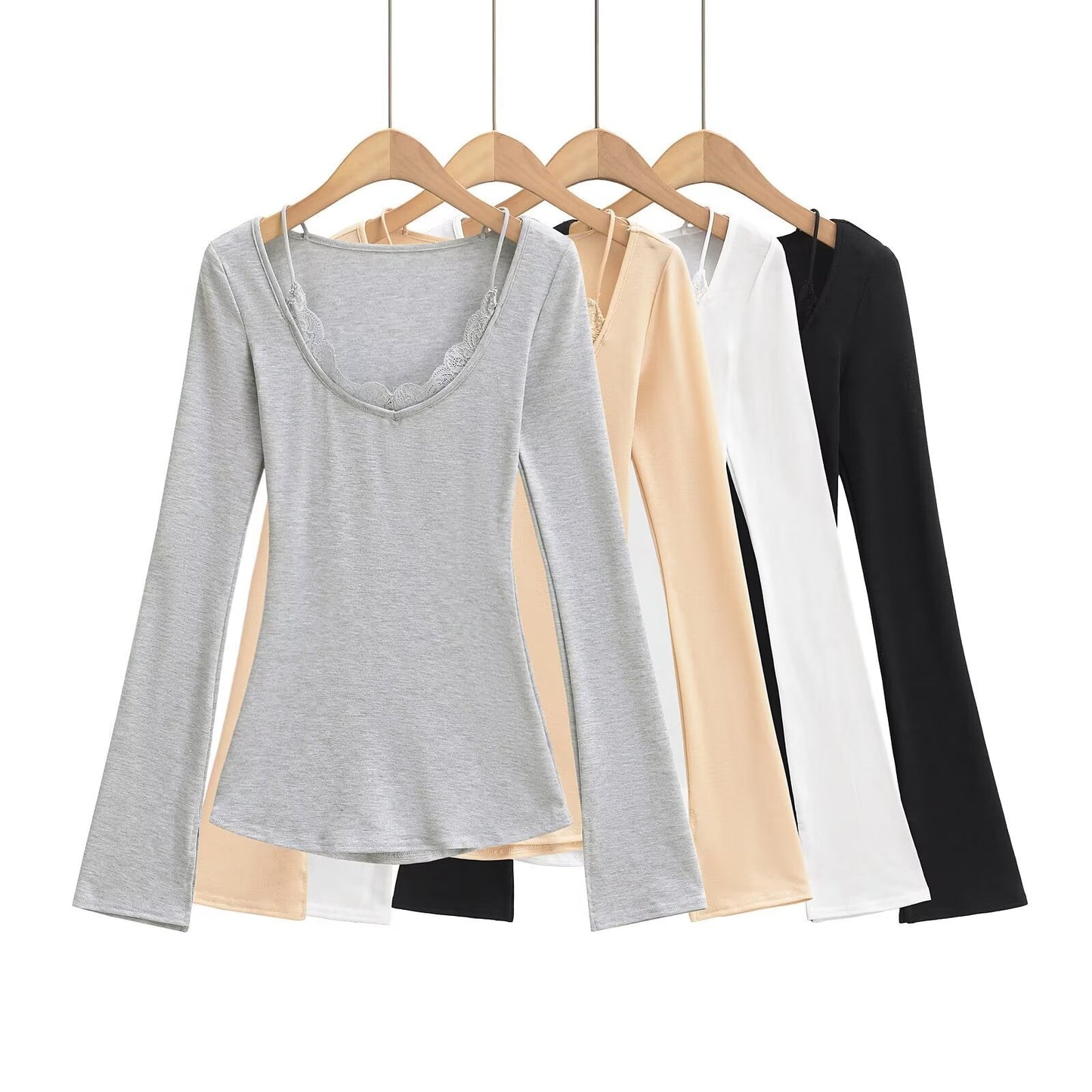 Långärmad Topp med V-ringning i Mjuk Bomullsmix – Figur-hugging Passform och Utställda Ärmar, Flera Färger 2