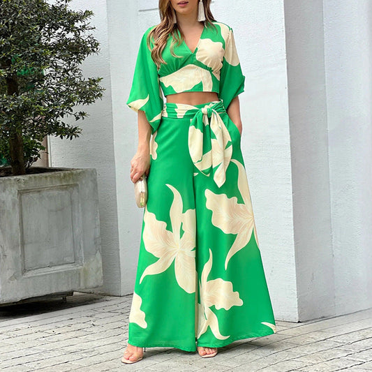 Dam Kort Topp Högmidjade Bredbyxor Set Polyester-1