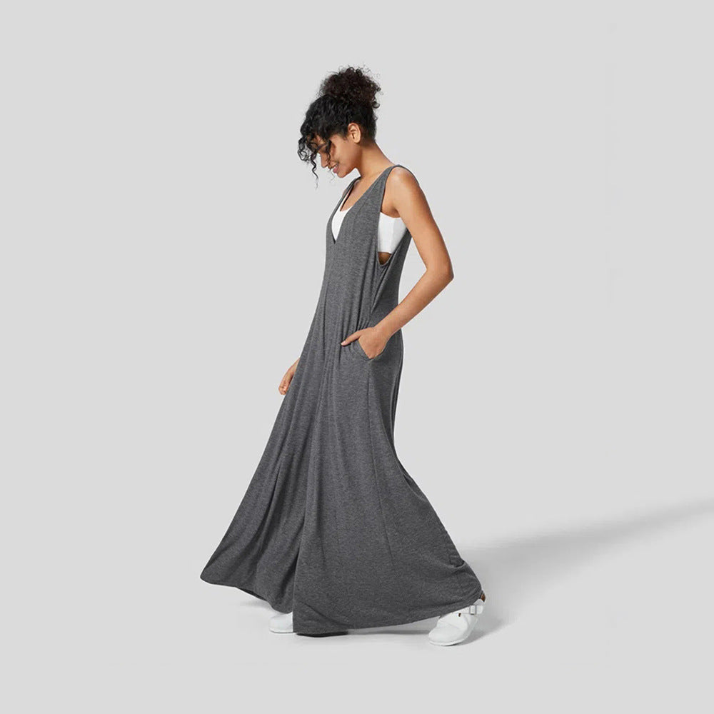 Dam Jumpsuit Djup V-ringning Bred Ben Elastisk Blandning-5