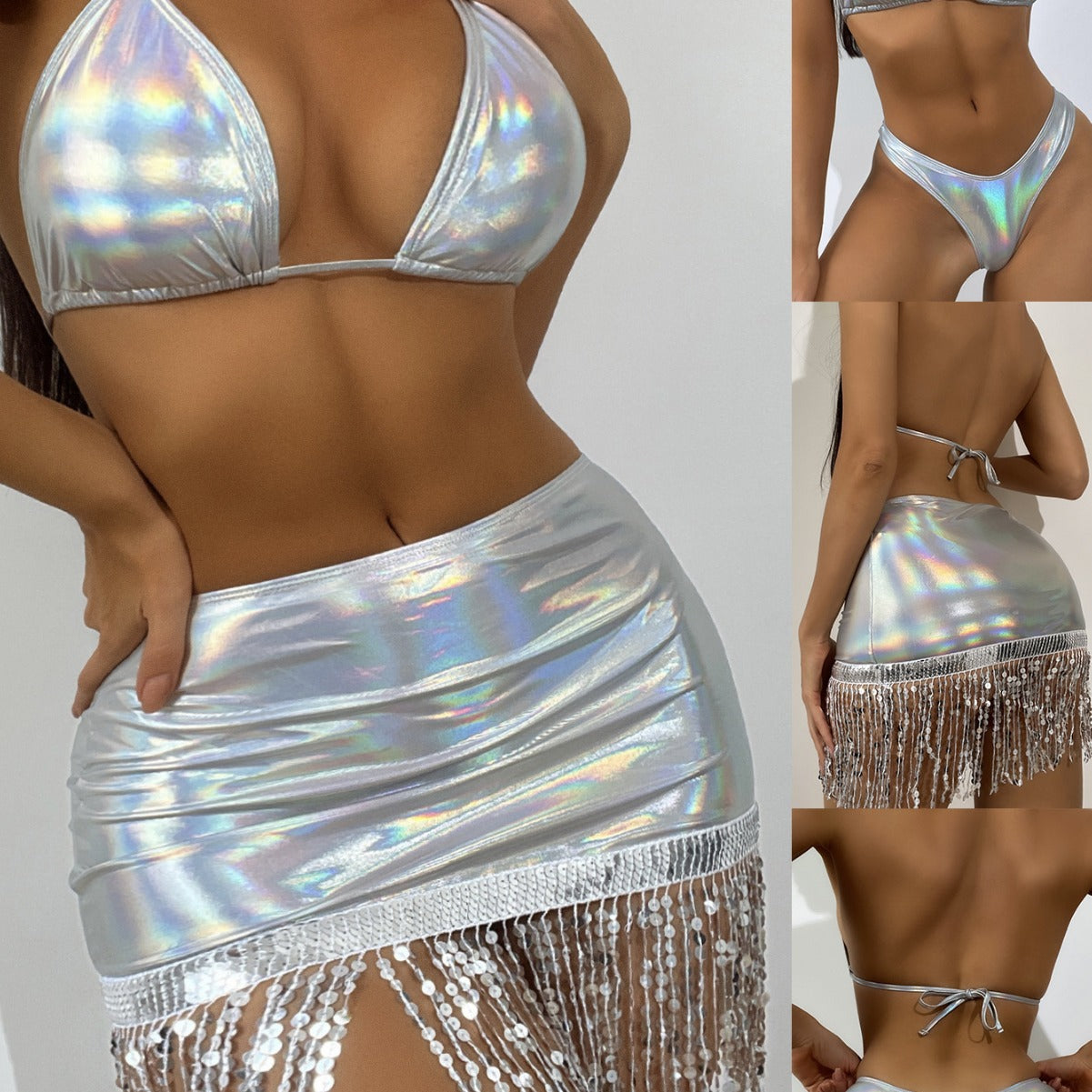 Dam Triangelbikini Holografisk Effekt med Franskjol Elastiskt Material 2