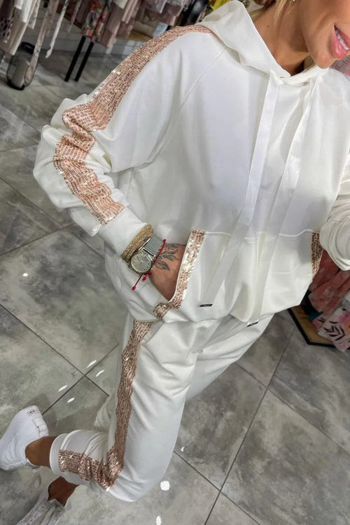 Dam Hoodie Set med Paljetter och Långärmad Byxor i Polyester-1