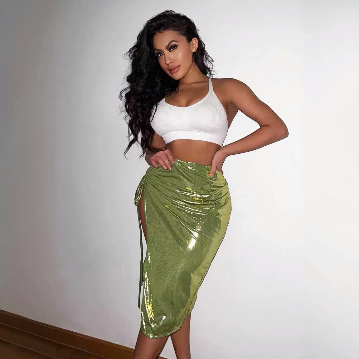 Dam Wrap Kjol Glittrande Polyester med Höga Slitsar 2