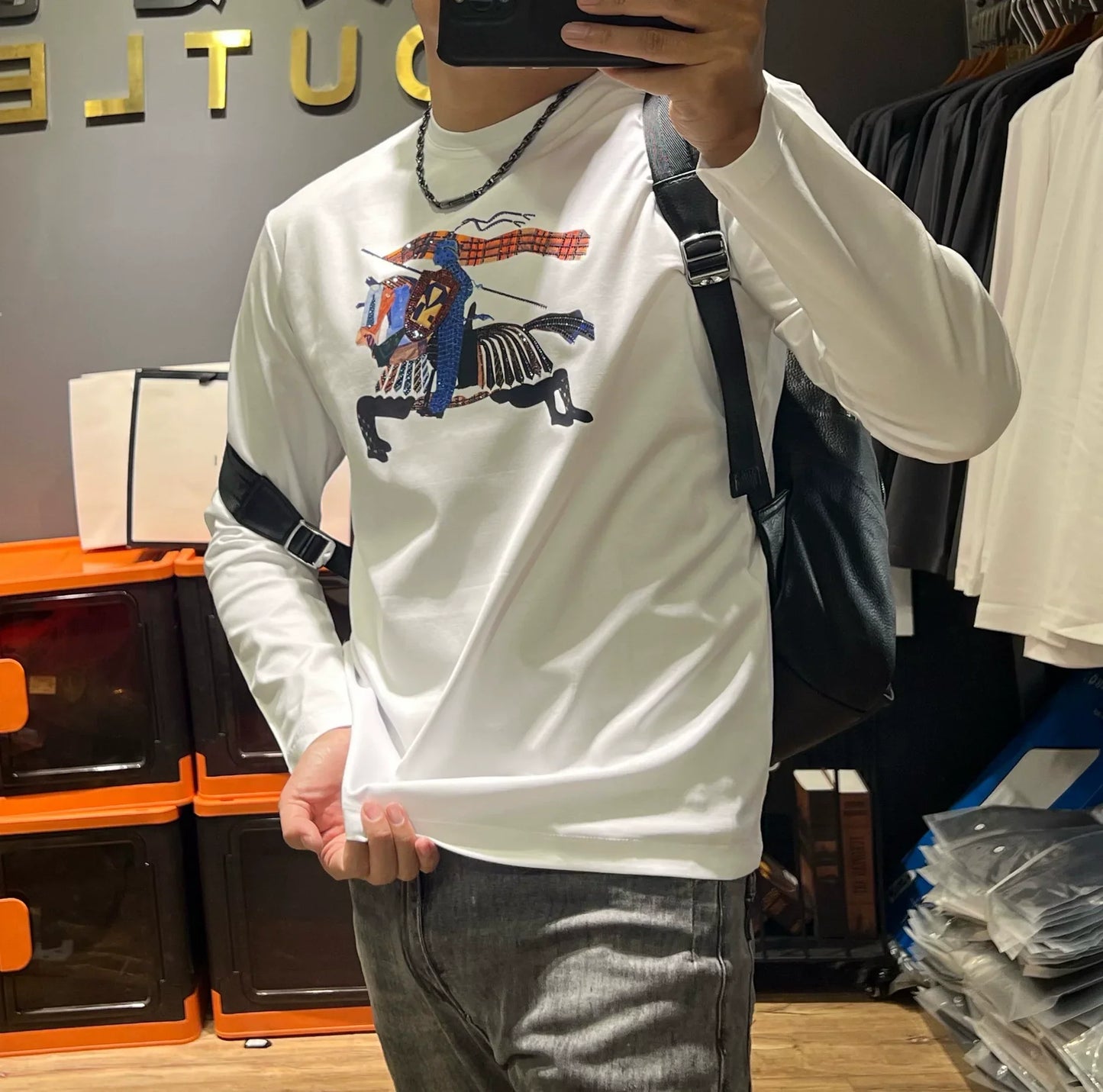 Herr Långärmad T-Shirt Geometrisk Design 100% Bomull-1