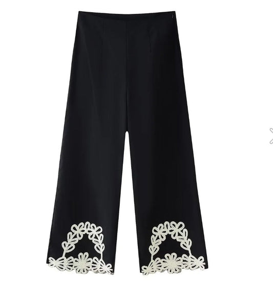 Kvinnor Palazzo-byxor Blommiga Detaljer Luftigt Tyg-1