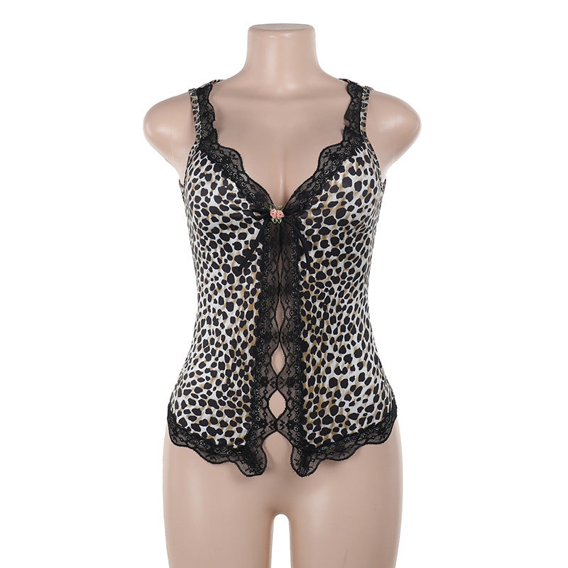 Kvinnors Camisole Leopardmönster Spetsdetaljer Elastiskt Tyg 7