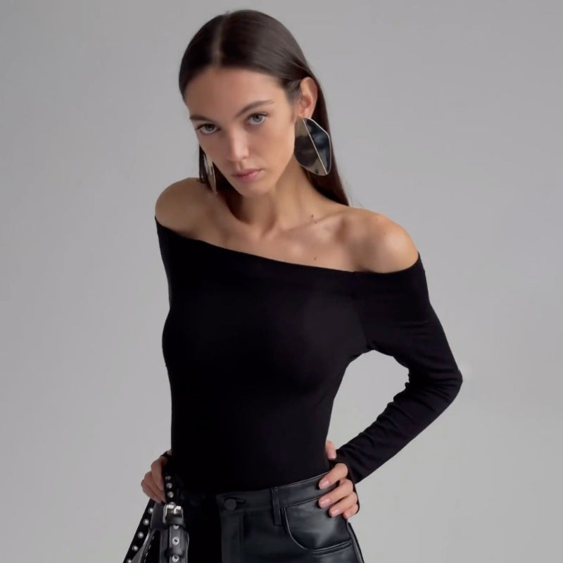 Kvinnors Långärmad Topp Axelfri Elastisk Bomullsblandning-2