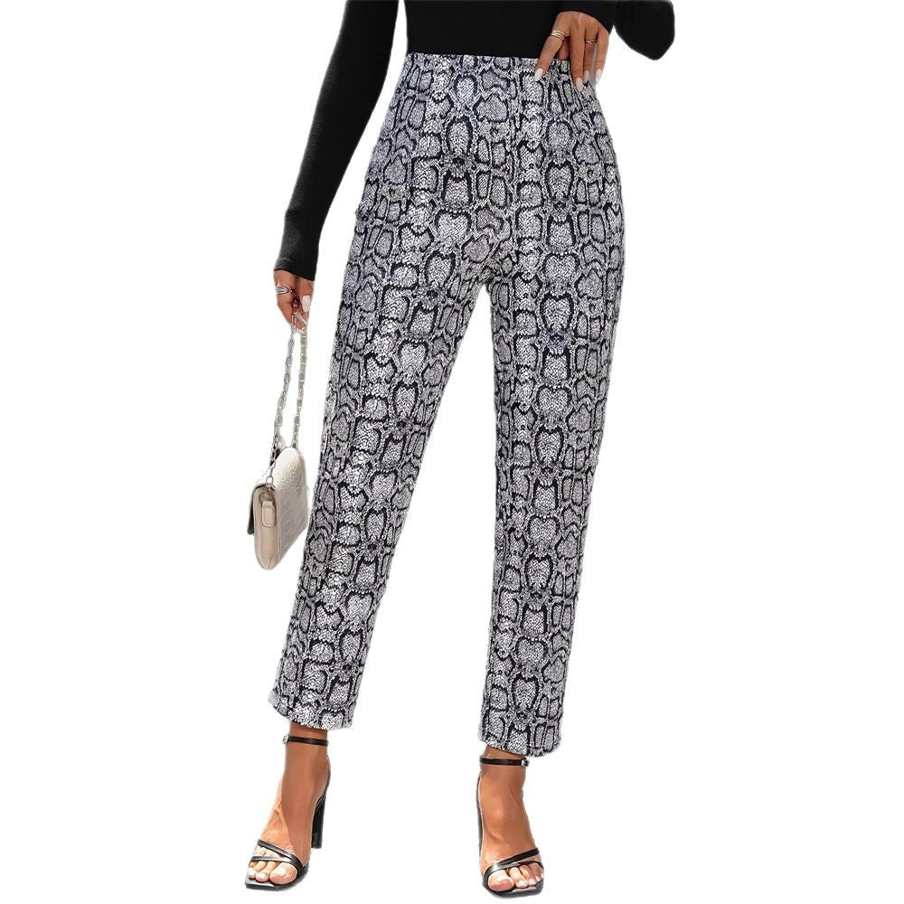 Snygga Byxor Dam Hög Midja Ormmönster i Elastan – Figurflatterande och Bekväma, Perfekta för Vardag och Fest 6