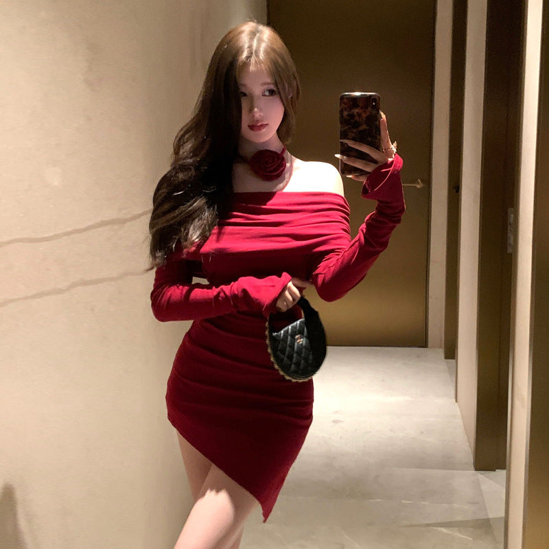 Kvinnors Bodycon Klänning Asymmetrisk Axeldesign Polyester Elastan-4