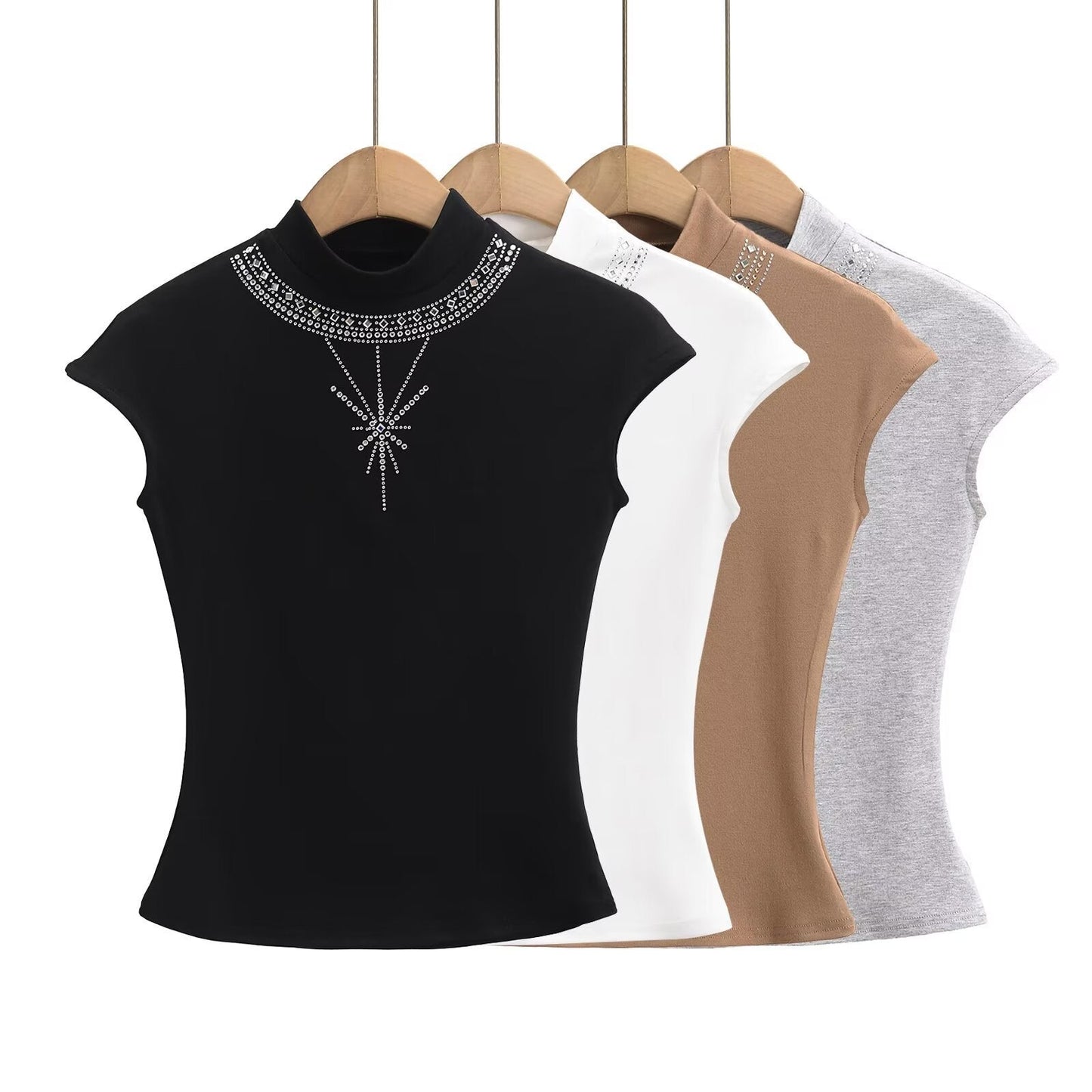 Kvinnor Kortärmad Topp med Chic Stand-Up Krage och Glänsande Strassdetaljer – Vit, Mjuk Bomullsblandning 2