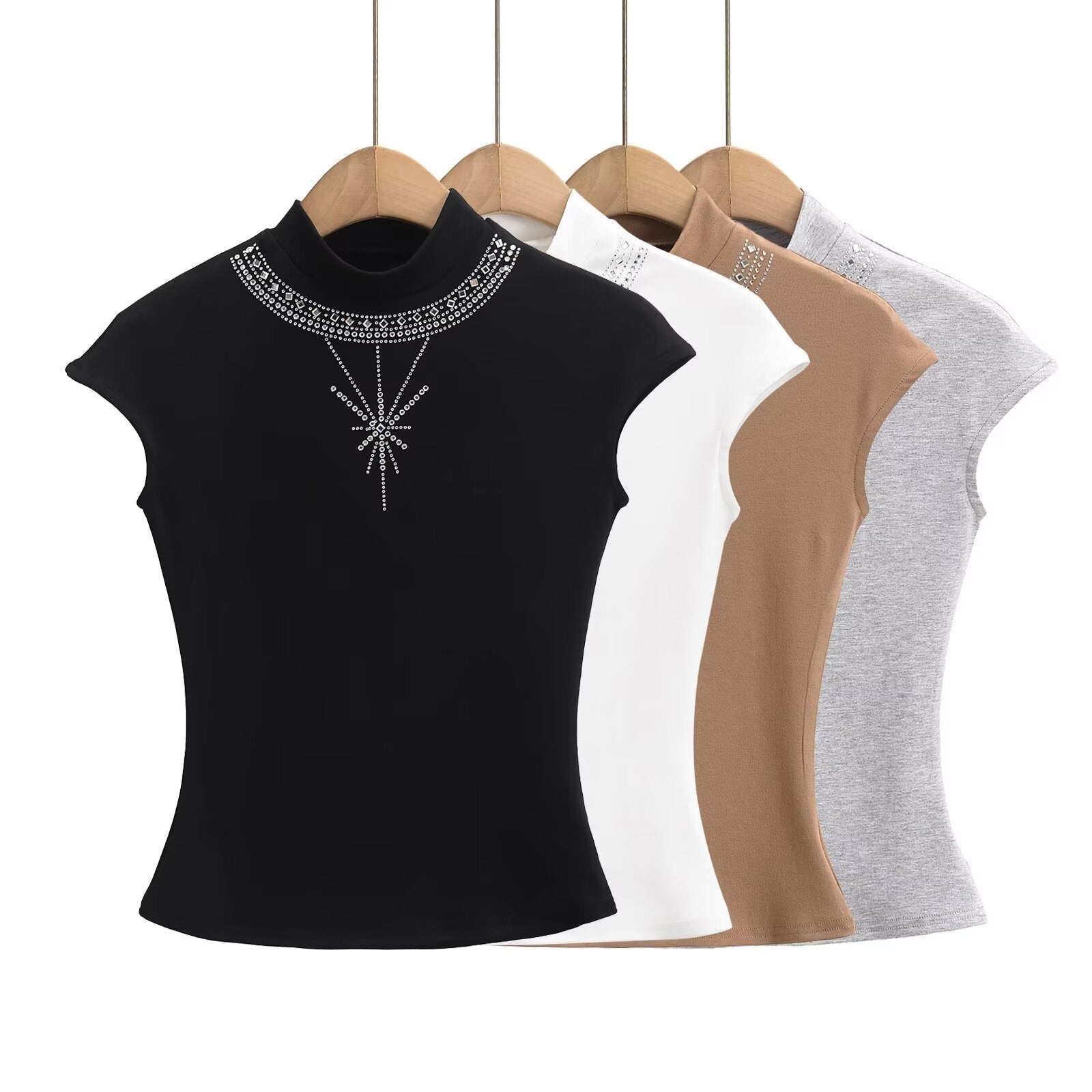 Kvinnor Kortärmad Topp med Chic Stand-Up Krage och Glänsande Strassdetaljer – Vit, Mjuk Bomullsblandning 2