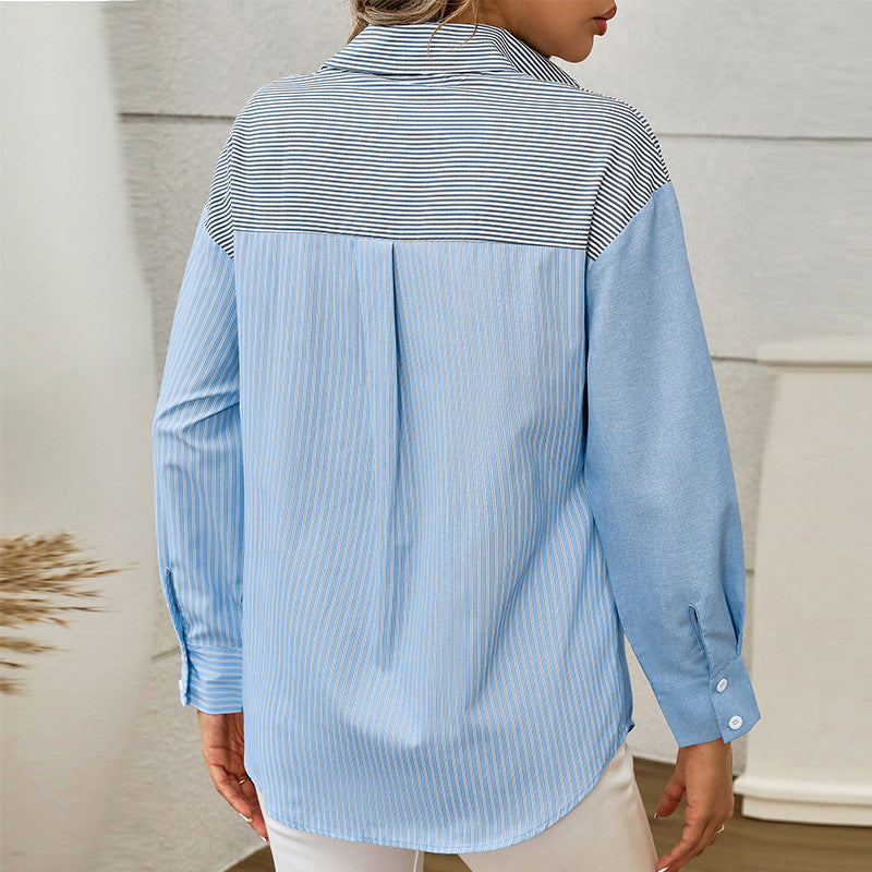 Dam Kofta Randig Vävd Casual Lång Ärme-3