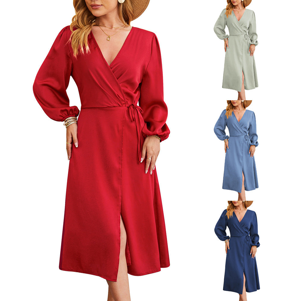 Kvinna Midi Klänning V-Neck Satin A-Linjeform Puffärmar-2
