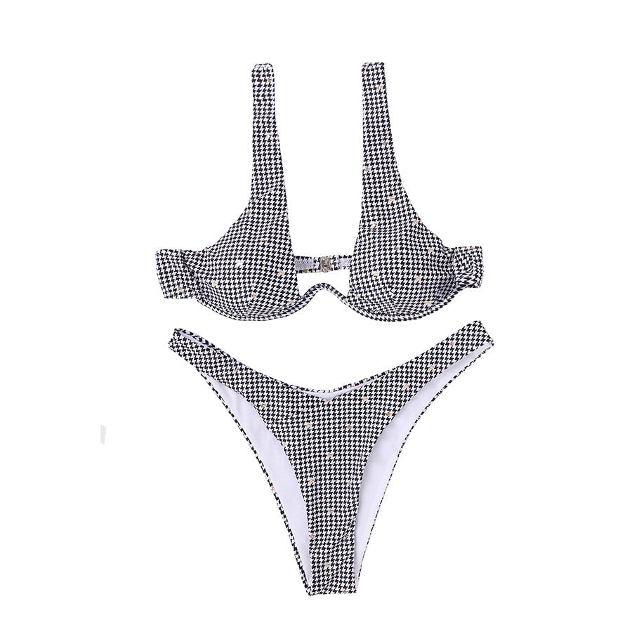 Damtriangelbikini Houndstooth Design Elastiskt Tyg-6