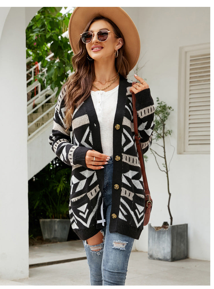 Dam Cardigan V-ringad Jacquard Akryl Löst Passform-3